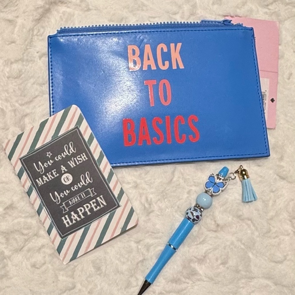 Kate Spade Blue Pencil Pouch “Back to Basics” with fancy pen and small notebook
